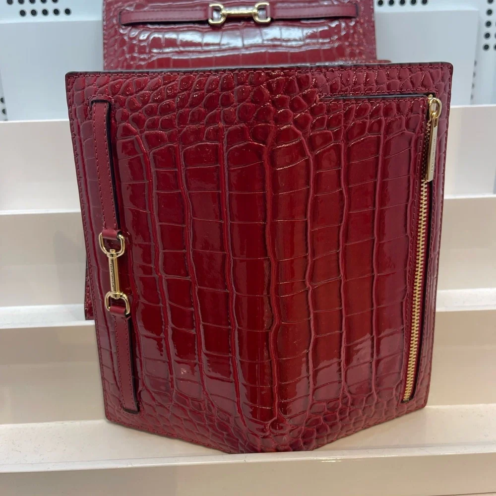 MICHAEL KORS Carson Large Snap Crocodile Embossed Bifold Wallet Cherry  NWT